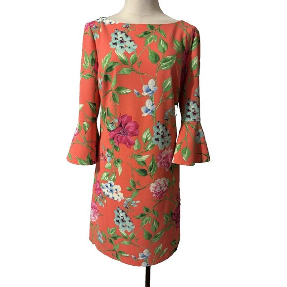 Jessica Howard Dress 16 Coral Floral 3/4 Long Sleeve Flutter Washable NEW - Picture 1 of 12